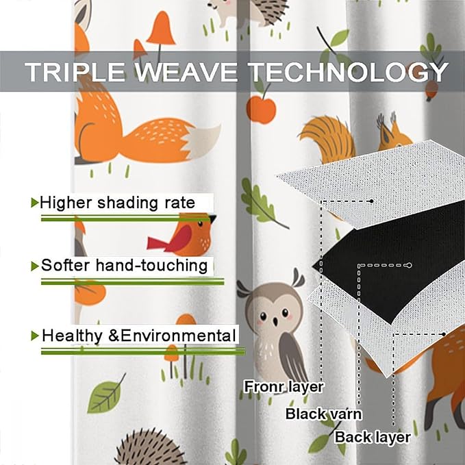 Forest Animal Curtains for Kids, Cartoon Safari Woodland Animals Window Treatments Cute Wild Jungle Bear Fox Deer Bear Window Drapes for Girls Boys Nursery Toddler Bedroom 52x84in