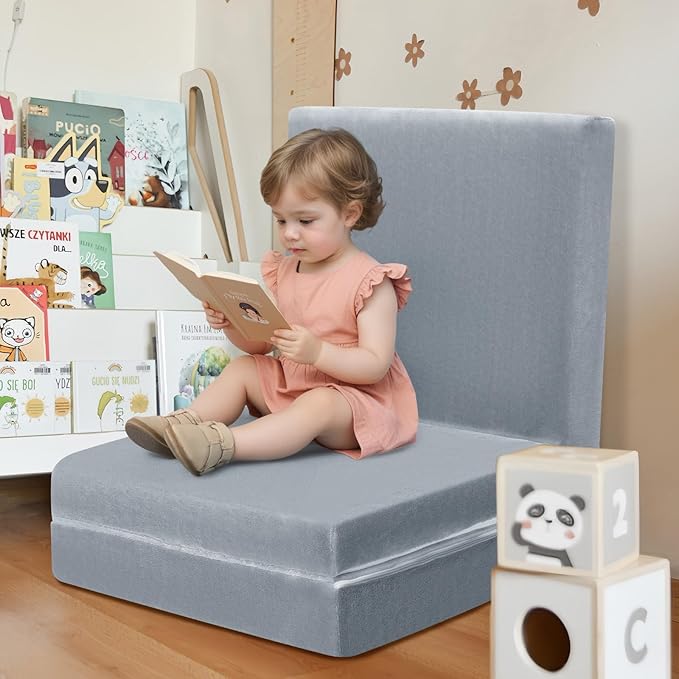 MeMoreCool Foldable Floor Mattress for Kids, Toddler Floor Nap Mat for Sleeping Daycare, Small Child Foldable Mattress Floor Bed, Trifold Futon Portable Tri Folding Mattress, Grey 75x25 Inch