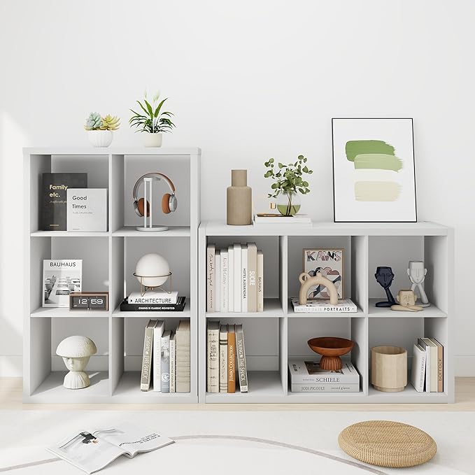 White Wooden 6 Cube Storage Organizer, White Tall Kid Book Shelf with 6 Cubby Storage Space, Kids Toys Organizer with 6 Cube Shelf for Playroom, Bedroom, Living Room, 14.6 × 43.8 × 30.7