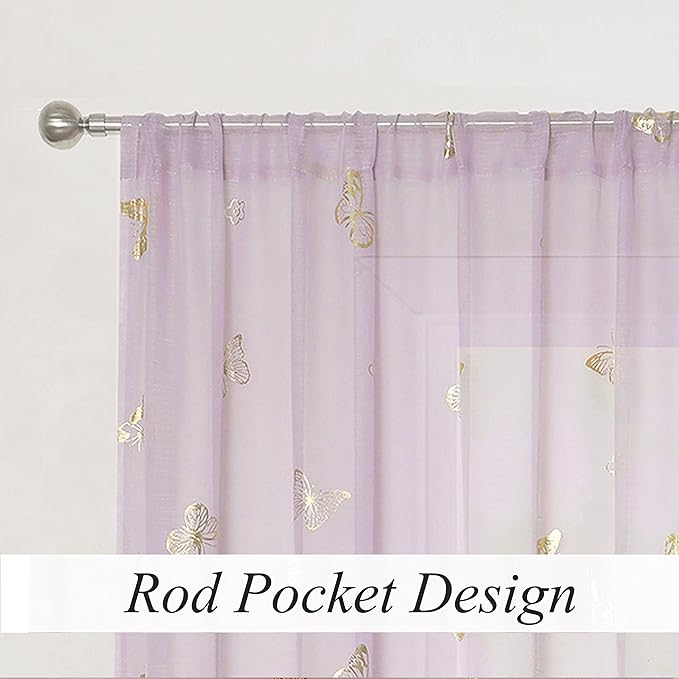 Jubilantex Butterfly Sheer Curtain Panels for Baby Girls Bedroom, Toddler Gold Print Linen Rod Pocket Voile Drapes 84 Inch for Kids Room Living Room, Lavender/Lilac Purple, 2 Panels
