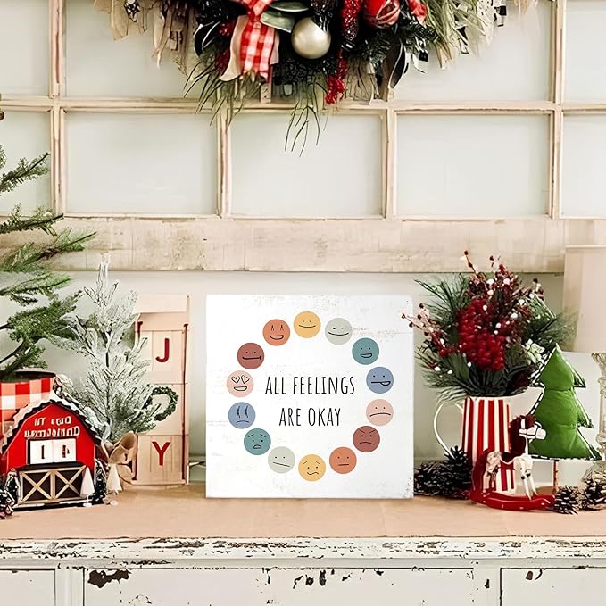 Mtrgdn Inspirational Desk Decor Gifts for Women Coworker,Motivational Quotes Wooden Plaque Sign Home Table Office Desk Shelf Decor,Christmas Birthday Gifts,All Feelings are Okay Wooden Box Sign,5x5 Inch
