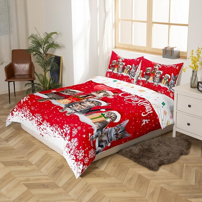 Merry Christmas Cat Bedding Set Xmas Snowflake Pet Cats Duvet Cover For Kids Children Teens Cute Kitten Comforter Cover 3D Animal Red White Bedspread Cover Bedroom Decor Quilt Cover 3Pcs King Size