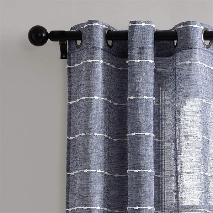 Lush Decor Farmhouse Textured Grommet Sheer Window Curtain Panel Pair, 38"W x 84"L, Navy