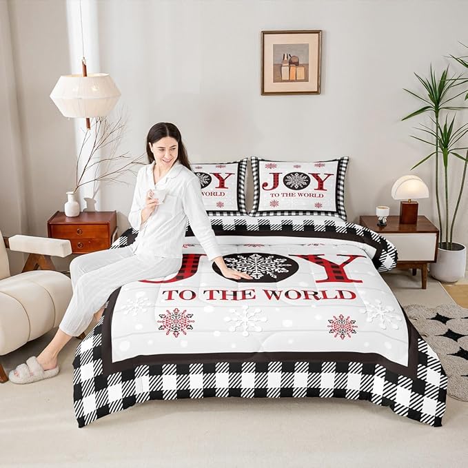 Christmas Snowflake Kids Comforter Set King Size,Cottage Plank Bedding,Girls Boys Adults Bedroom/Xmas Cabin Decor,Geometric Grids Stylish Down Comforter,Rustic Farmhouse Duvet Insert,2 Pillowcases