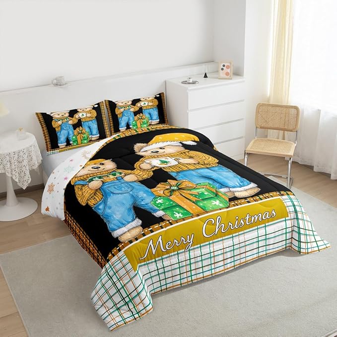 Feelyou Merry Christmas Comforter Set All Season Cute Bear Bedding Set with 2 Pillow Cases Microfiber Kids King Bedclothes Winter Bedroom Decor Duvet Quilt Breathable Soft