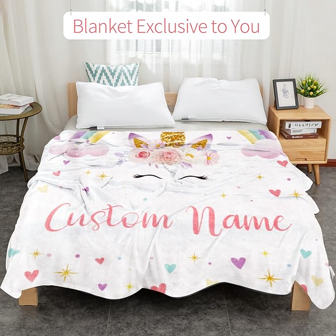 Personalized Unicorn Blanket with Name for Girl, Custom Kids, Soft Flannel Pink Toddler Customized Gift Birthday Christmas Baby Shower Newborn 30'' X 40''