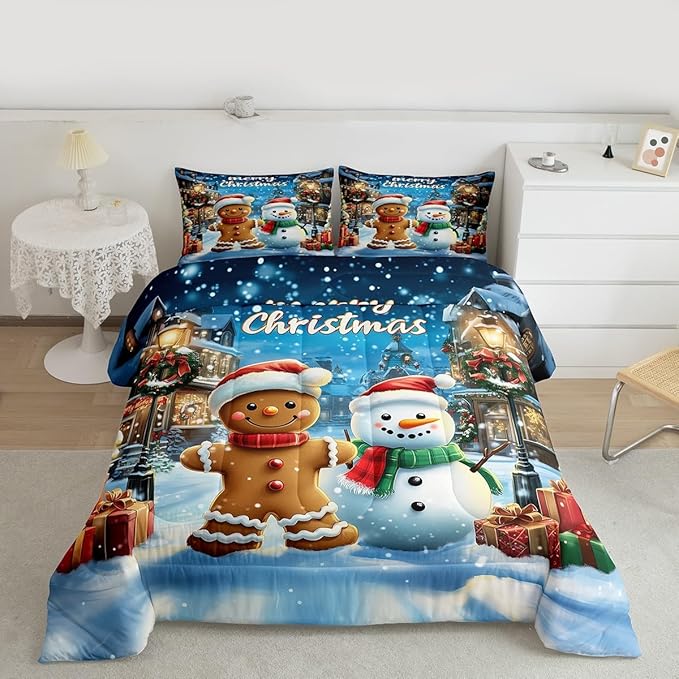 Gingerbread Man Comforter Set Full Size,Cute Snowman Merry Christmas Kids Bedding Set,Snowflake Winter Xmas Poinsettia Quilt Comforter,Blue Brown Duvet Insert,2 Pillowcases