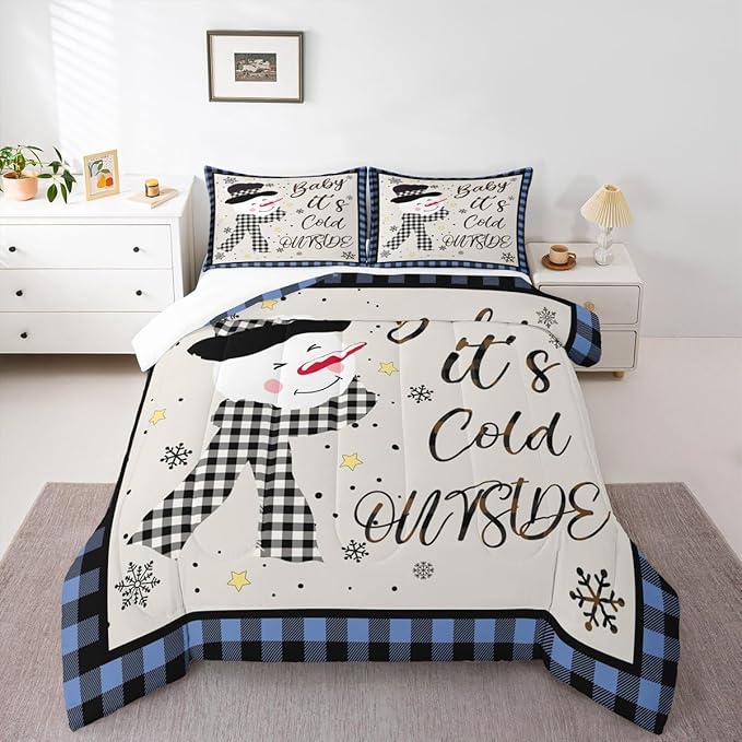 Christmas Snowman Kids Comforter Set Queen Size,Snowflake Christmas Holiday Bedding Set,Girls Boys Adults Xmas Decor,Geometric Grids Lattices Down Comforter,Blue Rustic Duvet Insert,2 Pillowcases