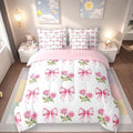 7 Pieces Pink Bowknot Kids Comforter Queen,Rose Flowers Valentine's Day Romantic Bedding Set,Pink Bow Tie Knot Princess Dreamy（Comforter+Fitted+Flat Sheet+2 Pillowcases+2 Throw Pillow Covers）