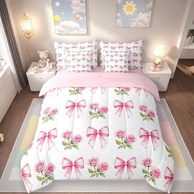 7 Pieces Pink Bowknot Kids Comforter Twin,Rose Flowers Valentine's Day Romantic Bedding Set,Pink Bow Tie Knot Princess Dreamy（Comforter+Fitted+Flat Sheet+2 Pillowcases+2 Throw Pillow Covers）