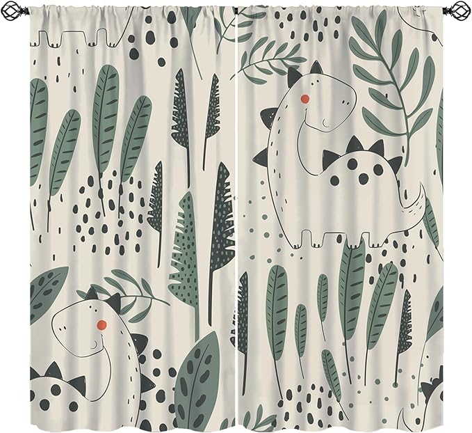 Dinosaur Curtains, Cute Dino Tropical Leaves Plant Beige Green Blackout Window Treatments, Rod Pocket Thermal Insulated Drapes 2 Panel Sets for Children Bedroom Nursery Classroom, 84" W X 84" L