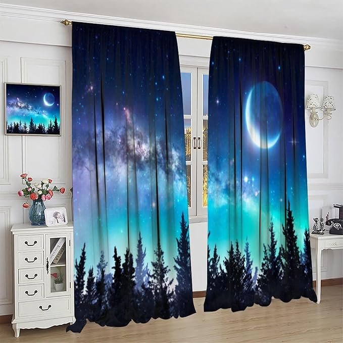 Galaxy Forest Blackout Curtains, Night Starry Sky Stars Moon Aurora Borealis Window Drapes for Bedroom Living Room Home 42" W X 54" L