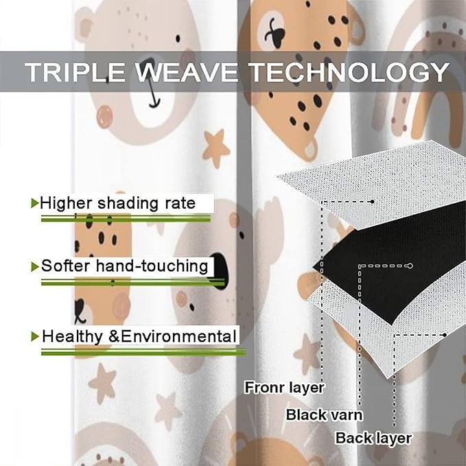 Cartoon Boho Animal Curtains,Funny Forest Safari Print,Cute African Wildlife Koala Giraffe Lion Leopard Bear Rainbow Blackout Window Drapes for Boys Girls Kids Baby Child Bedroom 42x63in