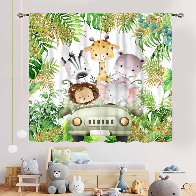 Jungle Safari Animals Curtains, Cartoon Animals Lion Giraffe Elephant Woodland Tropical Leaf Green Window Drapery for Kids Boys Girls Baby Living Room Bedroom Nursery 2 Panels, 55"x63" Inch