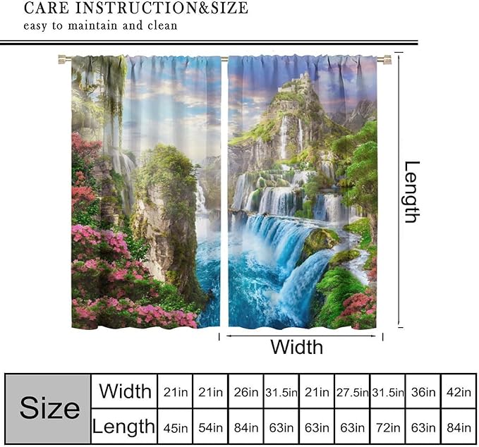 Forest Waterfall Blackout Curtain, Watercolor Tropical Jungle Waterfall Spring Flower Natural Scenery Pattern Window Drapes, for Bedroom Living Room 42" W X 63" L
