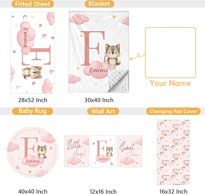 Personalized Crib Bedding Set, 5 Pcs Custom Nursery Bedding Sets with Name, Infant Bedding Set for Baby Girls Boys, Pink Fox Double Layer Baby Crib Set, Toddlers Babies Kids Customized Gifts