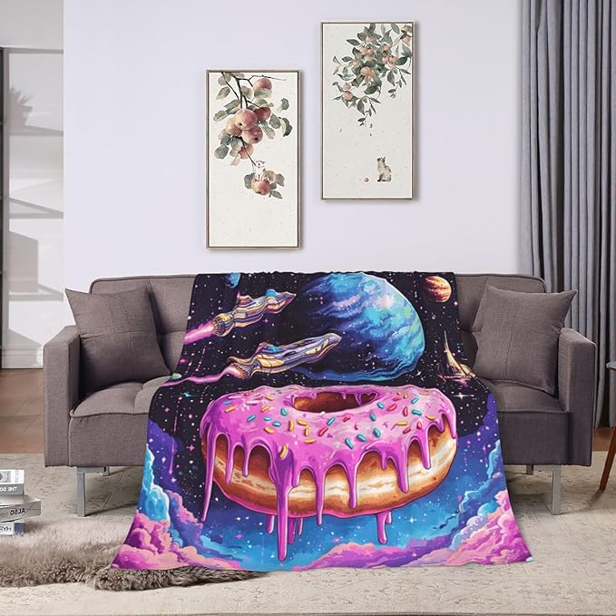 Donut Blanket Space Donut Decor Throw Blanket Super Soft Flannel Lightweight Fluffy Plush Cozy Fuzzy Fleece Food Blanket Gifts for Girl Boys Woman Man Kids Adults for Bed Sofa Couch 60"X80"