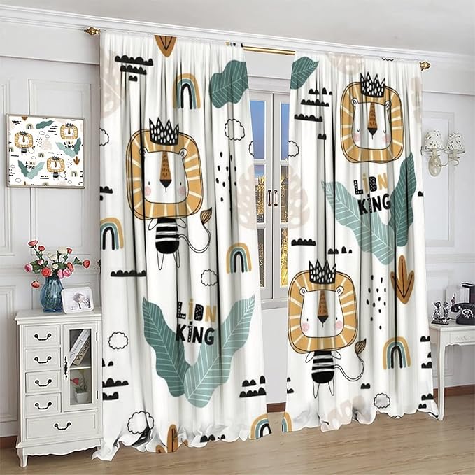 Cartoon Little Lion King Window Curtains for Baby Child,Cute Funny Forest Animals,Tropical Jungle Leaves Wildlife Boho Rainbow Print Blackout Drapes for Nursery Boys Girls Kids Bedroom 55x63in