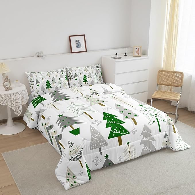 Castle Fairy Xmas Trees Comforter Set Queen Size,Merry Christmas Pine Hand Drawn Bedding Set for Women Adult,Green Plant Snowflakes Winter Luxury Bed Duvet Insert, 2 Pillowcases