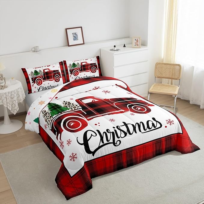 Manfei Xmas Truck Comforter Set King Size, Christmas Tree Snowflake Print Bedding Set 3pcs for Kids Boys Girls Bedroom Decor, New Year Theme Red Plaid Print Quilt Set with 2 Pillowcases
