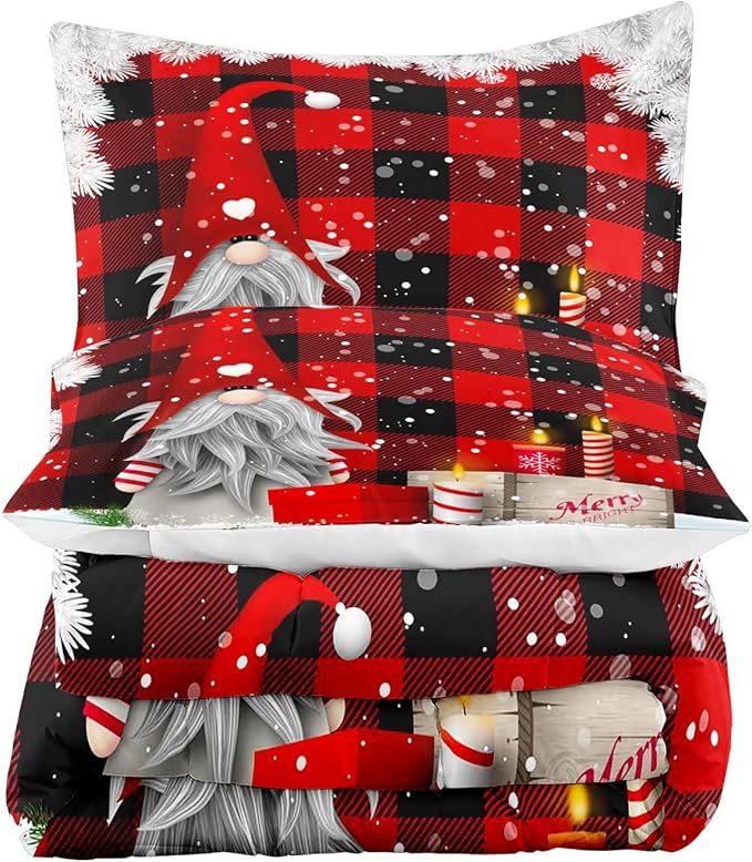LUVIVIHOME 3PCS Merry Christmas Comforter Set Full Size, Funny Gnome Bedding, Red and Black Plaid Winter Snowflake Christmas Bedroom Decor for Kids Boys Girls Teens Toddler, Xmas Gifts, 2 Pillow Shams