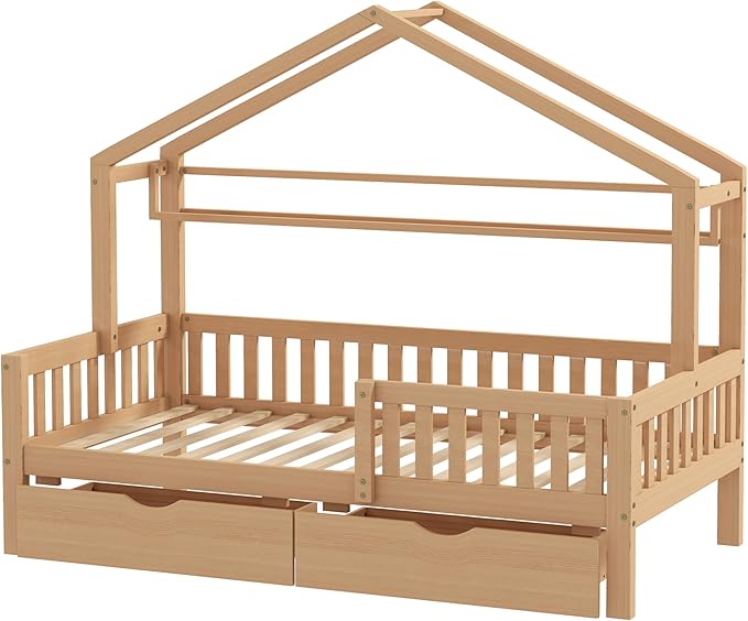 Aoowow Full Size House Bed with Storage Drawers and Shelf, Kids Twin Bed Frame Wooden Platform Bed with Guardrails and Slats for Boys Girls Teens for Bedroom(Natural)