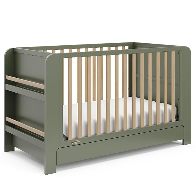Graco Read-with-Me 4-in-1 Convertible Crib with Drawer (Olive with Driftwood) - GREENGUARD Gold Certified Converts to Toddler Bed, Daybed, and Functional Bookshelves