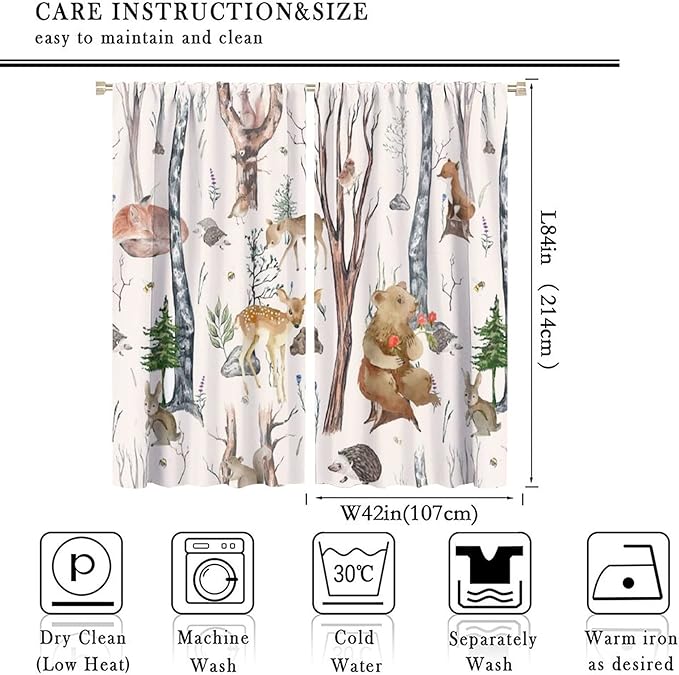 Rustic Forest Window Curtains Curtains, Woodland Animal Bear Deer Hedgehog Fox Forest Squirrel Watercolor Blackout Rod Pocket Window Treatments Drapes for Boys Girls Bedroom 84x84in