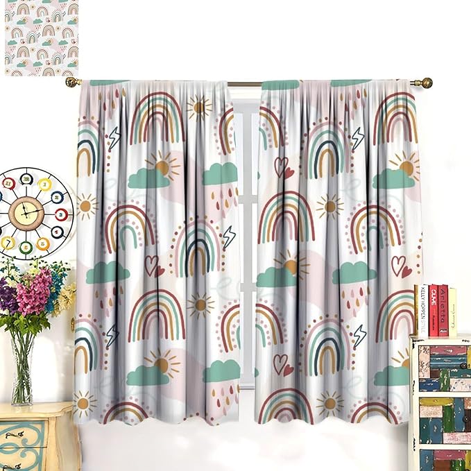 Kids Rainbow Curtains Boho Cartoon Colorful Stars Love Heart Lovely Abstract Art Pattern Print Window Drapes for Girl Bedroom Living Room Kitchen Decor,2 Panel Set,42Wx63H Inch Blackout