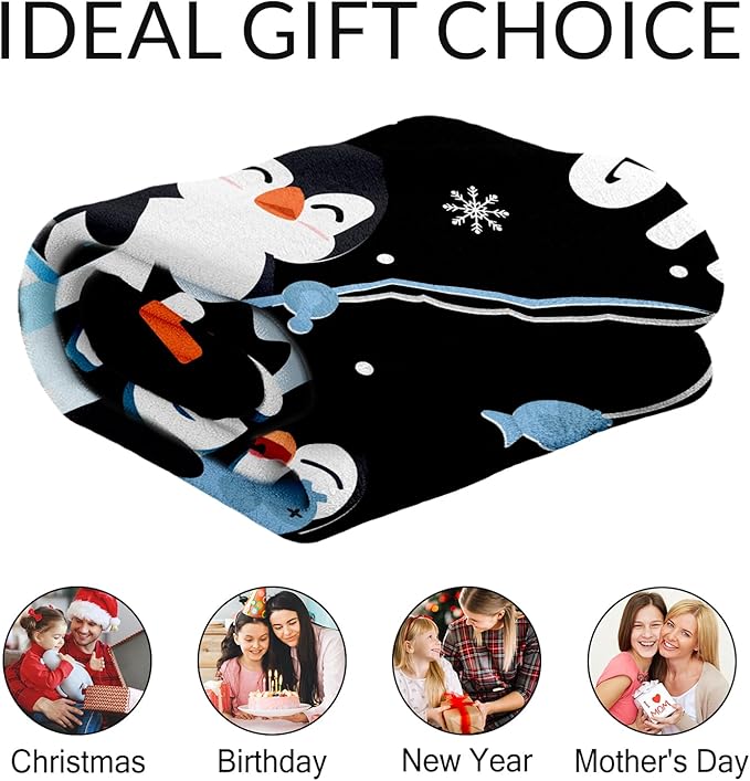 Personalized Penguin Gift for Girls - 40" x 50" Inches Cute Penguin Throw Blankets for Kids - Black Warm Cozy Blankets for Sofa, Crib & Bed