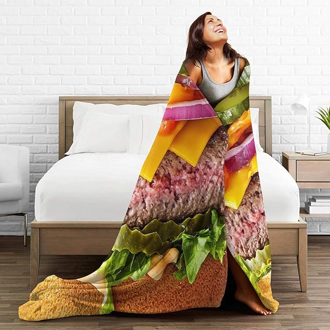 Hamburger Blanket for Girls Boys Funny Food Burger Throw Blankets Soft Cozy Warm Fuzzy Fleece Cheese Beef Pickles Bedding Flannel Throws Stuff Gifts for Kids Men Women Bedroom Decor 80"x60"