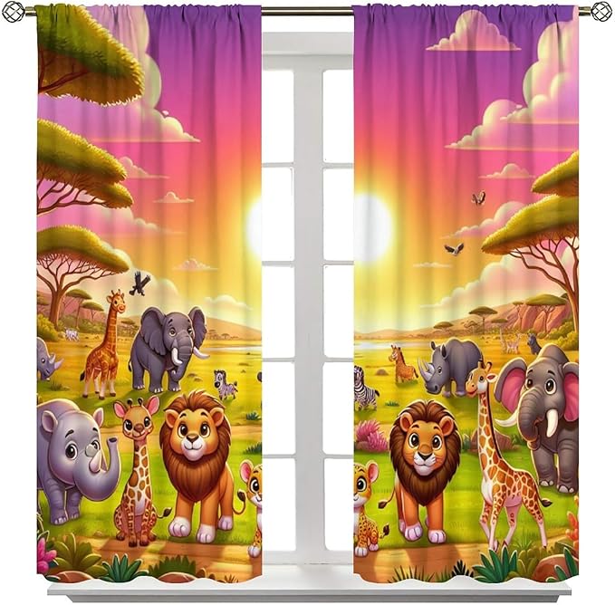 West Animal Curtains Kids Boys Girls Window Treatment Africa Cartoon Animals Lion Elephant Giraffe for Nursery Baby Bedroom Playroom Decor Window Drapes 42" W X 45" L