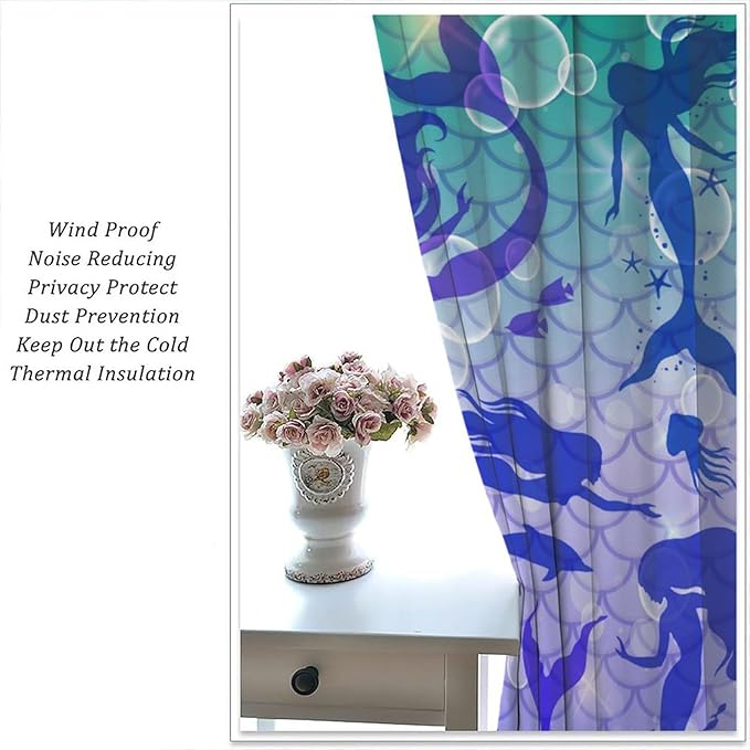 Mermaid Kids Girls Curtains Fantasy Mermaid Silhouette Ocean Theme Beautiful Blackout Window Treatment for Girls Bedroom Nursery Room Decor Rod Pocket Window Drapes 42" W X 54" L