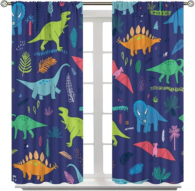 Dinosaurs Blackout Curtains Cute Cartoon Animals Dino Tropical Plant Colorful Art Print for Kids Boys Bedroom Living Room Rod Pocket Decoration Window Drapes 2 Panels W21xL63in