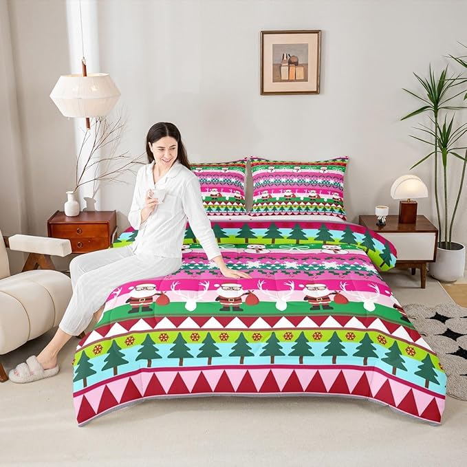 Feelyou Merry Christmas Tree Kids Comforter Set Twin Size Cute Snowman Bedding Set Santa Claus Duvet Quilt for Kids Boys Girls Bedroom Cartoon Bowknot Decor Microfiber Ultra Soft Breathable