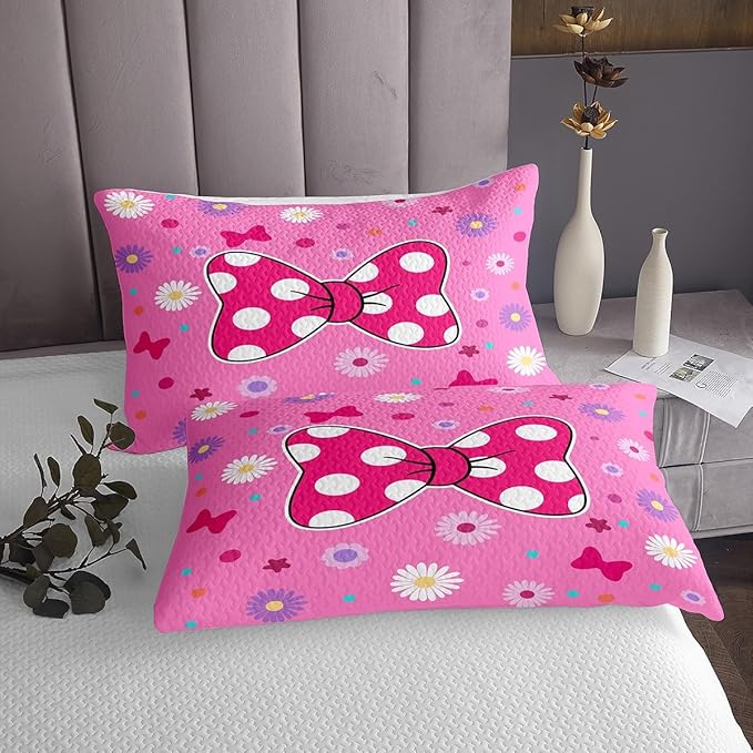 Manfei Pink Bowknot Kids Bedspread Queen Size,Daisy Flowers Geometric Dot Patchwork Coverlet Set,Girls Women Room Decor,Bow Tie Cute Princess Quilted Coverlet,Dreamy Chic Bedding Quilt,2 Pillowcases