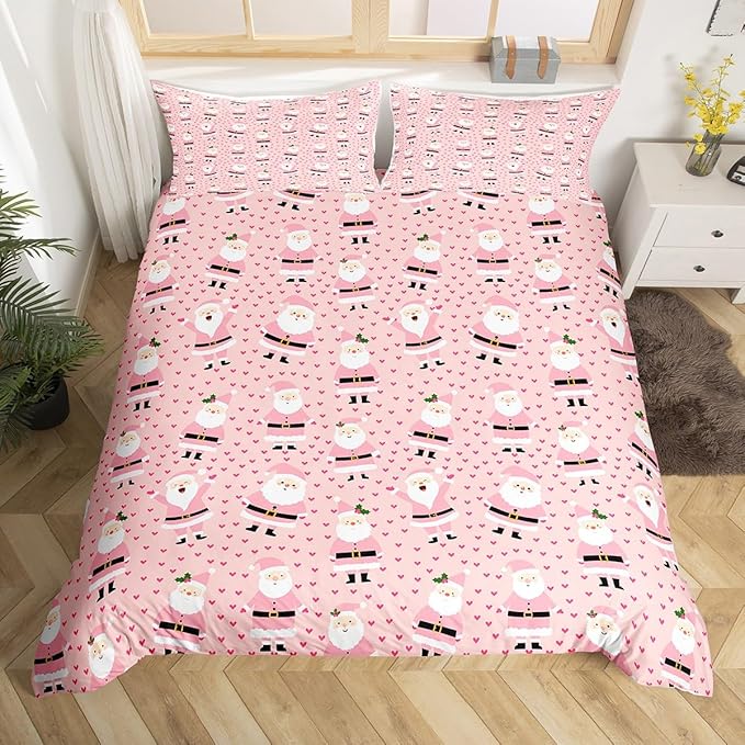 Feelyou Christmas Bedding Set for Kids Boys Girls Cute Santa Claus Comforter Cover Set Cartoon Xmas Theme Duvet Cover Bedroom Decor Pink Dreamy Heart Bedspread Cover Twin Size Bedding Collection 2Pcs