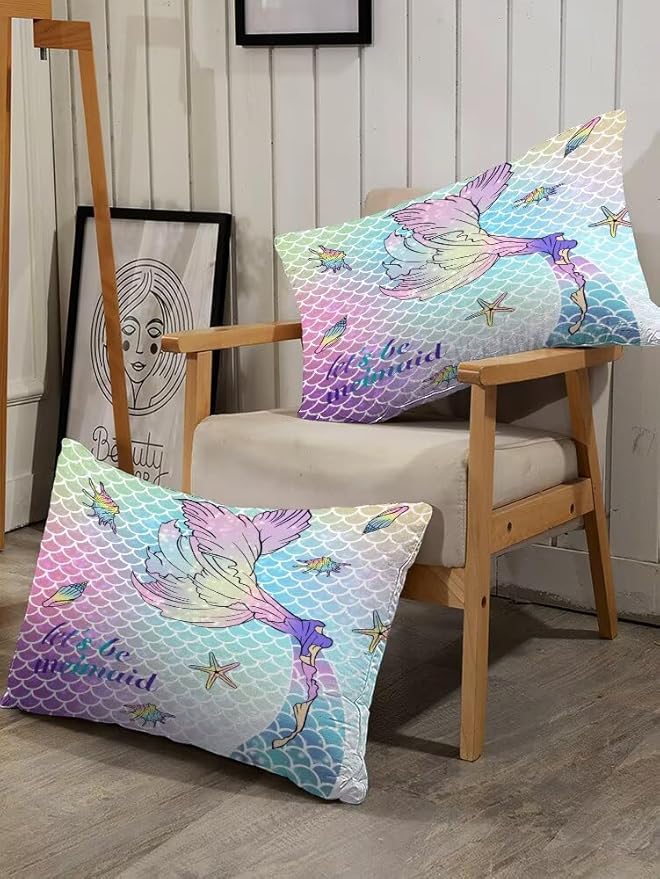 kxry Mermaid Tail Comforter Set Queen Size Gradient Fish Scales Sea Bedding Sets for Girls Teens Kids Ocean Starfish Conch Soft Microfiber Lightweight Comforter Set with 1 Comforter + 2 Pillow Cases