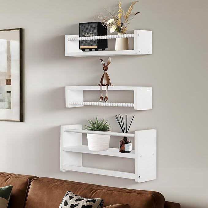 Nursery Floating Book Shelves, Wall Mounted Shelf with Towel Bar for Kids Room, Nursery Wall Shelves Set of 3 - Rustic Bookshelf Organizer for Baby Books & Toys,White