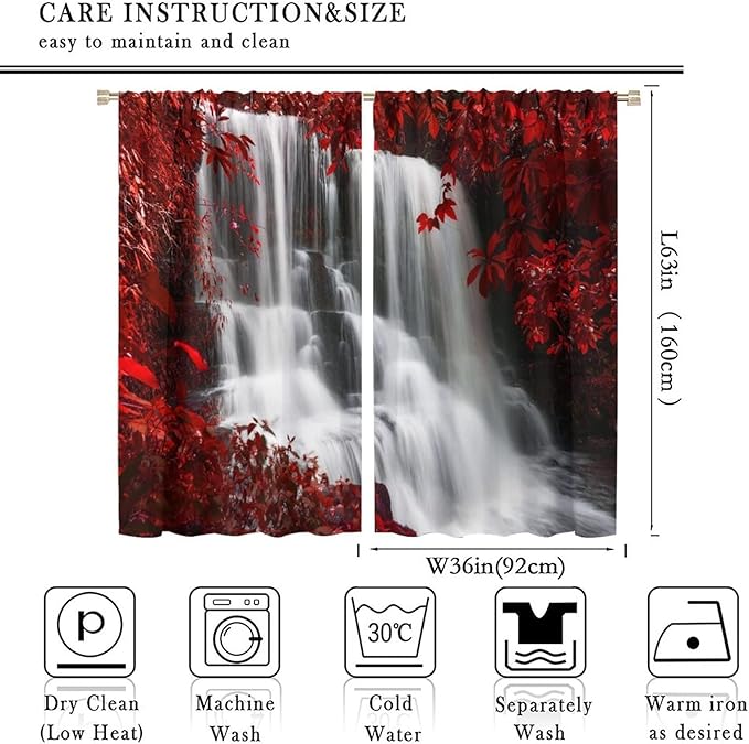 Red Forest Waterfall Blackout Windows Curtains, Waterfall Red Forest Black and Red Natural Landscape Print Window, for Living Room Bedroom 72x63in 2 Panels