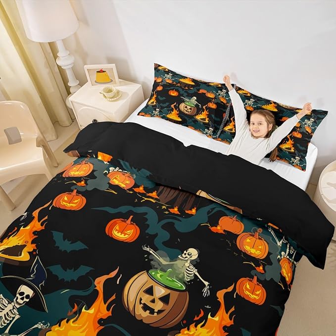 Feelyou Halloween Bedding Set for Kids Horror Skull Skeletons Comforter Cover Set Ghost Duvet Cover Pumpkin Lantern Bats Pattern Bedroom Decor Bedspread Cover Full Size Bedding Collection 3Pcs
