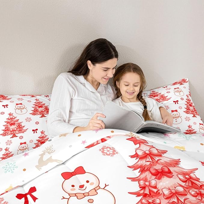 Feelyou Merry Christmas Comforter Set Queen Size Cute Snowman Bedding Set for Kids Boys Girls Cartoon Bowknot Duvet Quilt Christmas Tree Microfiber 3 Pcs with 2 Pillow Cases