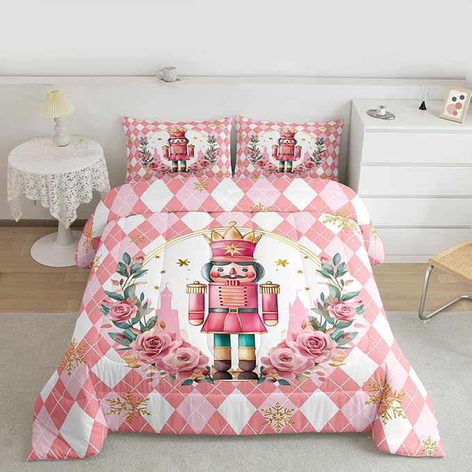 Feelyou Christmas Comforter Set Full Size Pink Nutcrackers Bedding Set for Kids Boys Girls Rhombus Pattern Duvet Quilt Floral Bedroom Decor Snowflake Microfiber 3 Pcs with 2 Pillow Cases
