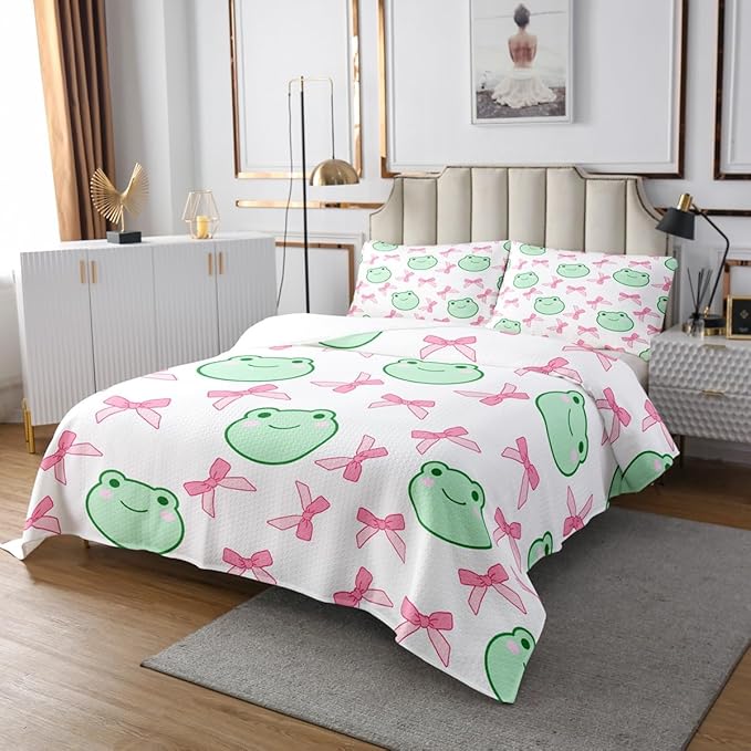 Manfei Pink Bowknot Bedspread Queen Size,Cartoon Frog Bow Tie Butterfly Knot Princess Coverlet Set,Girls Women Room Decor,Geometric Patchwork Cute Quilted Coverlet,Sweet Bedding Quilt,2 Pillowcases