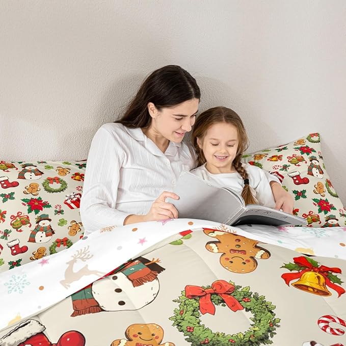 jejeloiu Merry Christmas Comforter Set King Size Cute Snowman Bedding Set for Kids Boys Girls Gingerbread Man Duvet Quilt Beige Bedroom Decor