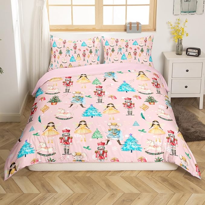 Christmas Nutcracker Decorative Comforter Cover Queen Size Cartoon Mouse Soldier Royal Guarder Princess Duvet Cover Xmas Pine Tree Snowflake Bedding Set Gifts for Kids Boys Girls 2 Pillow Cases Pink