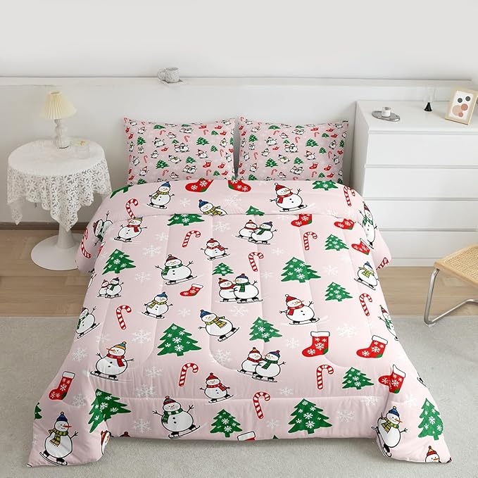 Feelyou Pink Christmas Comforter Set Twin Size Snowman Bedding Set for Kids Boys Girls Snowflake Duvet Quilt Xmas Tree Bedroom Decor Microfiber 2 Pcs with 1 Pillow Cases