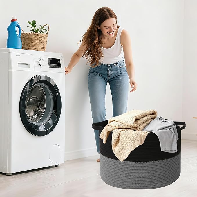 Large Blanket Basket for Organizing,115L Closet Organizers and Storage Bins Box for Shelves Woven Rope Storage Baskets,Living Room,Bedroom,Dorm,Laundry room (Black&Dark Grey)