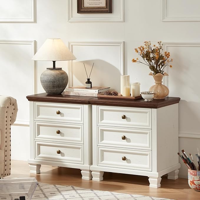 Farmhouse Bedroom Dresser and Nightstand Set of 4, 6 Drawer Low & 5 Drawers Dresser & 3 Drawer Nightstand Set with Wooden Legs, Rustic Wood Furniture for Bedroom, Hallway, White