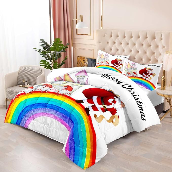 LUVIVIHOME 3PCS Merry Christmas Comforter Set King Size, Funny Santa Claus Bedding, Gnome Castle Rainbow Christmas Bedroom Decor for Kids Girls Boys Teens, White Quilt, Xmas Gifts, 2 Pillow Cases